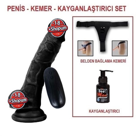 17 cm Belden Bağlamalı Titreşimli Realistik Dildo Zenci Penis Set