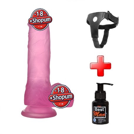 17,5 cm Belden Bağlamalı Şeffaf Realistik Damarlı Vantuzlu Pembe Dildo Penis