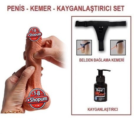 18,5 cm Belden Bağlamalı Çift Katmanlı Realistik Dildo Penis Set