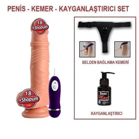 19 cm Belden Bağlamalı Titreşimli Realistik Dildo Penis Set