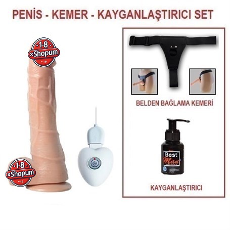 20 cm Belden Bağlamalı Titreşimli Realistik Dildo Penis Set