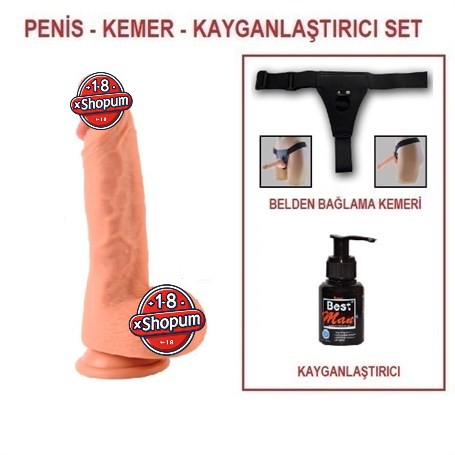 22 cm Belden Bağlamalı Çift Katmanlı Realistik Dildo Penis Seti