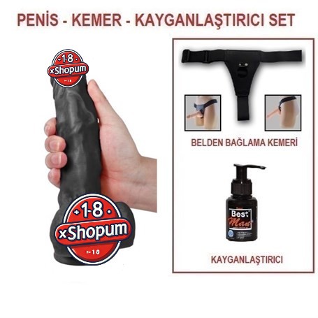 23,5 cm Belden Bağlamalı Realistik Dildo Zenci Penis Set