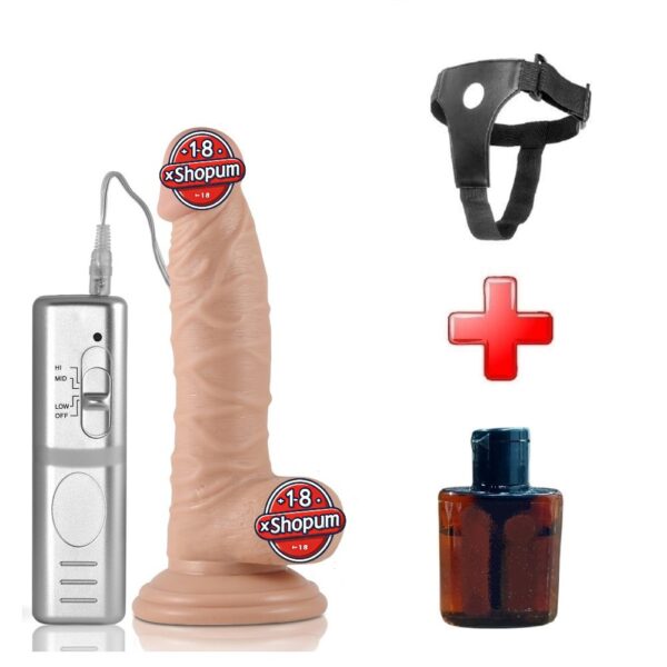 19 cm Realistik Titreşimli Vantuzlu Belden Bağlamalı Anal Vajinal Dildo Penis